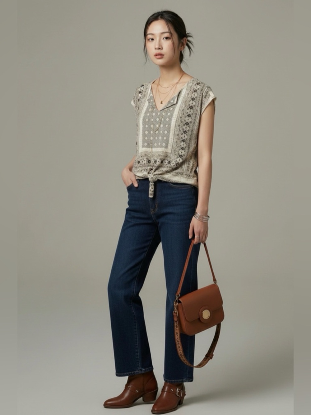 Lucky Brand Womens Small Boho Geometric Ikat Tie-Front Top Cream Gray Patterned